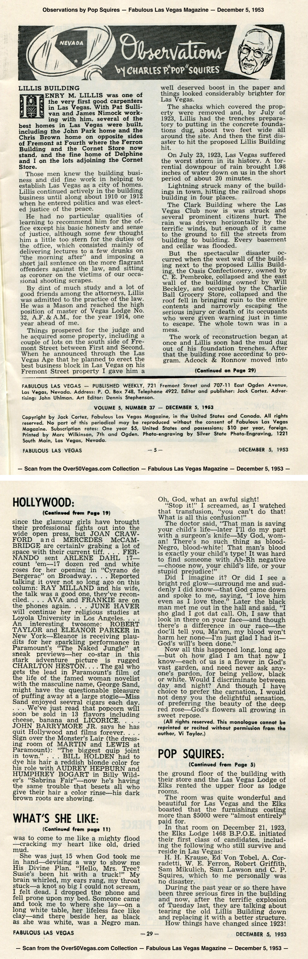 Observations by Pop Squires — Fabulous Las Vegas Magazine — December 5, 1953